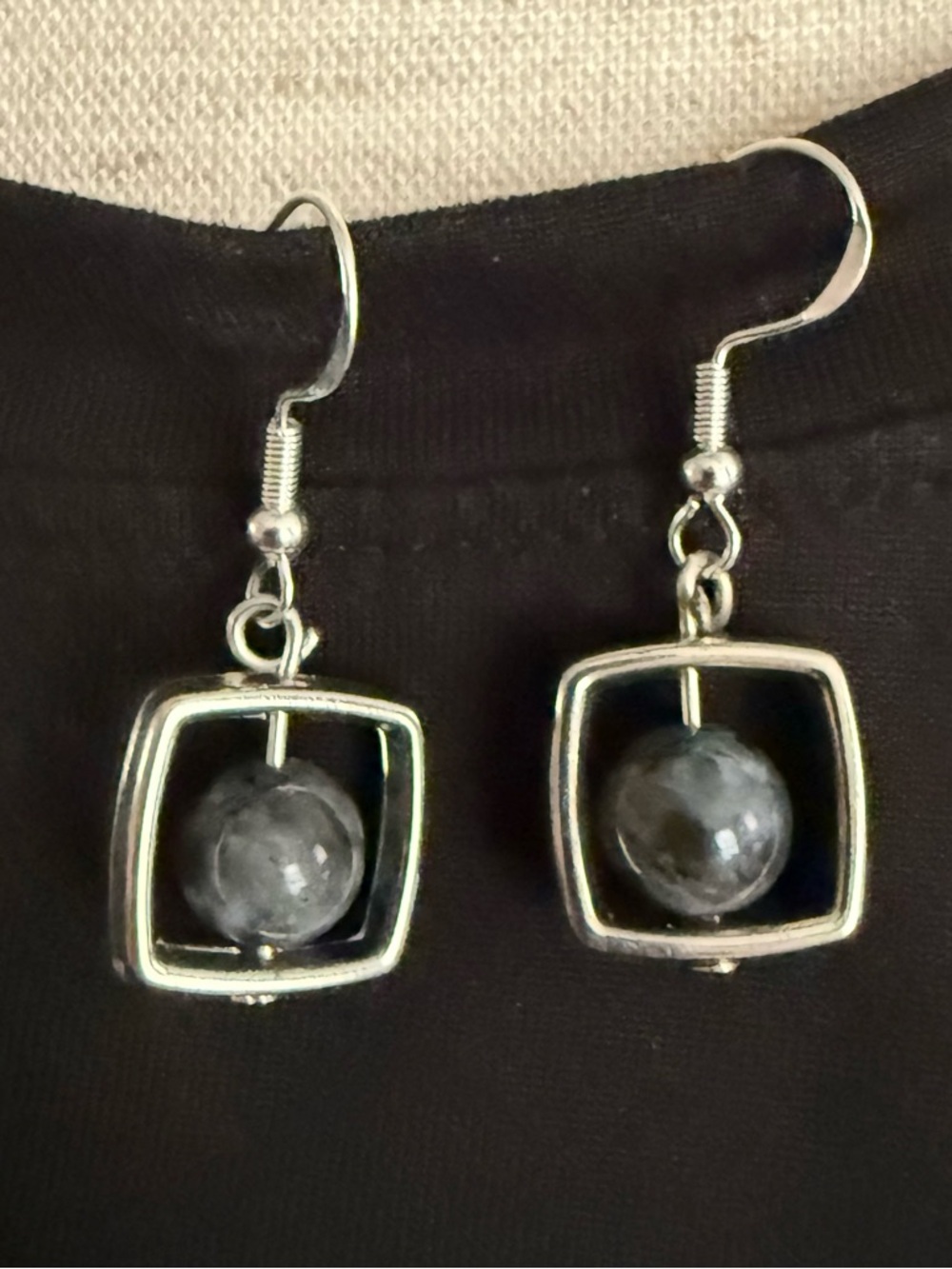 Grey Stone Orb Earrings‎ | Geometric Silver
Dangle | 925 Hooks - Picture 4 of 5